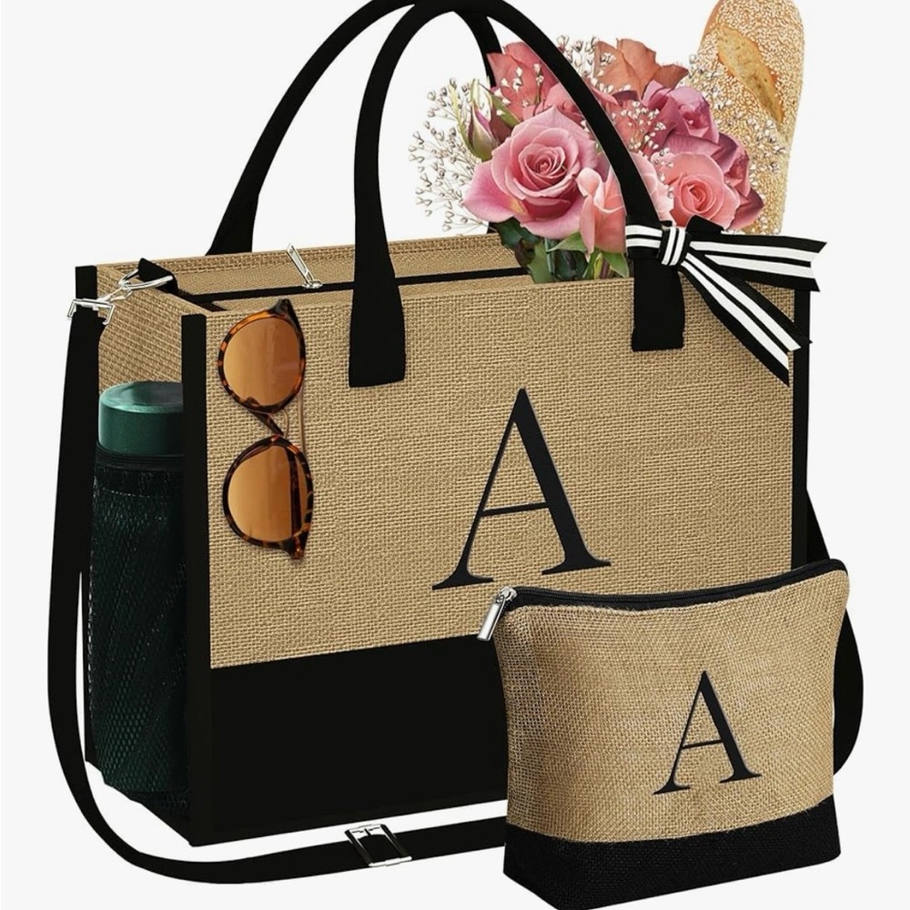 Initial “A” embroidered Personalised Jute/Cotton Tote and 2 makeup bags. NWT